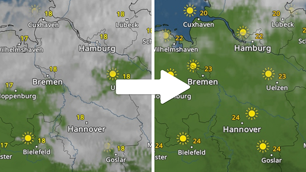 Wetterkarte zeigt Wolken und 18 °C, später Sonne und bis zu 24 °C.