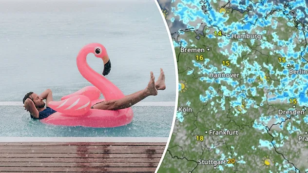 Links ein Mann mit einem aufblasbaren Flamingo bei Regen im Pool. Rechts das WetterRadar für Deutschland.