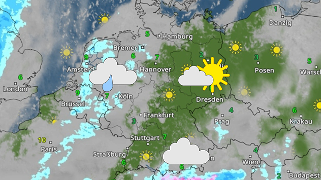 Wetterkarte mit Sonne, Wolken und Regenfeldern über Mitteleuropa sowie Temperaturen um 5 bis 8 Grad. Deutschland zeigt überwiegend freundliches Wetter mit einigen Schauern im Westen.