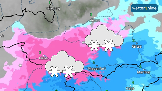 Wetterkarte die Schnee (pink) und Regen zeigt (blau). Dazu ein Foto von einem Auto mit viel Schnee am Dach.