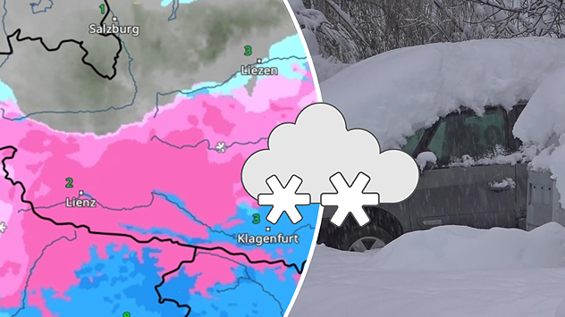 Wetterkarte die Schnee (pink) und Regen zeigt (blau). Dazu ein Foto von einem Auto mit viel Schnee am Dach.