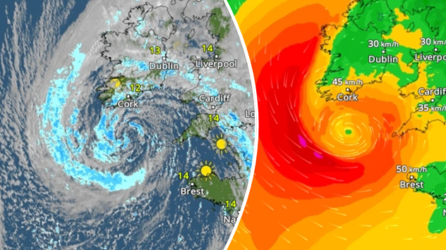 Beeindruckender Tiefdruckwirbel bei Irland im WetterRadar und im WindRadar