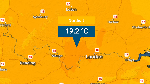 Temperature map of southeast England highlighting Northolt at 19.2 °C near London, with surrounding values around 18 °C in Reading, Slough, and Aylesbury.