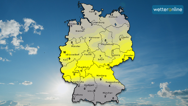 In einem breiten Streifen von Münster-Dresden bis Mainz- Nürnberg scheint die Sonne am Sonntag fast den ganzen Tag