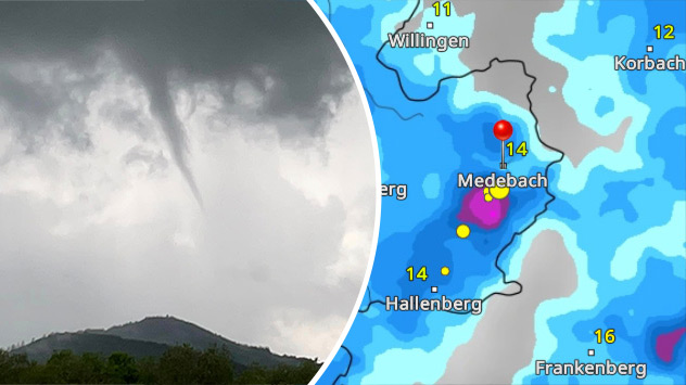 Trichterwolke an einer Gewitterwolke über Medebach im Hochsauerland und WetterRadar vom Pfingstsonntag