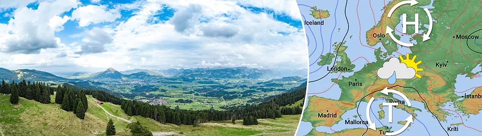 Rechts Wetterkarte für Europa mit einem Hoch über Nordeuropa und einem Tief über dem Mittelmeer. Links ein Bild von den Bergen mit Quellwolken am Himmel.