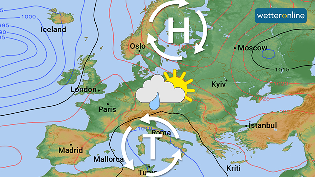 Wetterkarte für Europa mit einem Hoch über Nordeuropa und einem Tief über dem Mittelmeer.