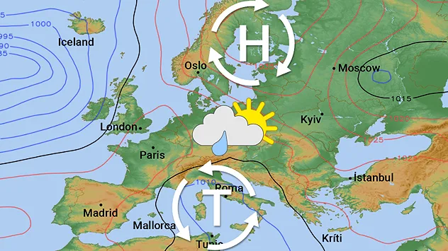 Wetterkarte für Europa mit einem Hoch über Nordeuropa und einem Tief über dem Mittelmeer.