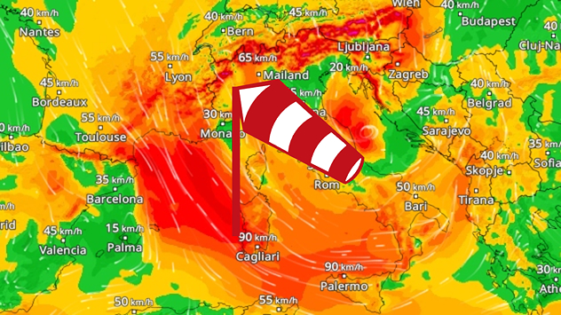 La carte météo montre des vents violents au-dessus de la Méditerranée et de l'Europe du Sud. Les zones rouges indiquent des vitesses de vent particulièrement élevées.