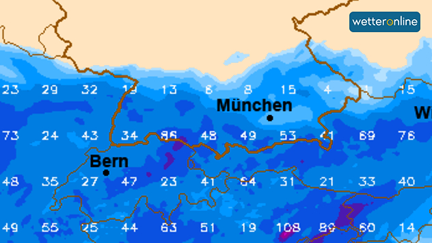 Regensummenkarte von Süddeutschland bis Freitag früh