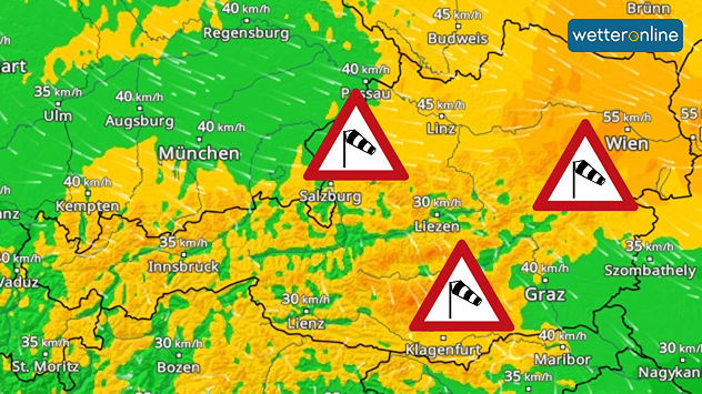 Wetterkarte mit starkem bis stürmischem Wind am Sonntag in Österreich.
