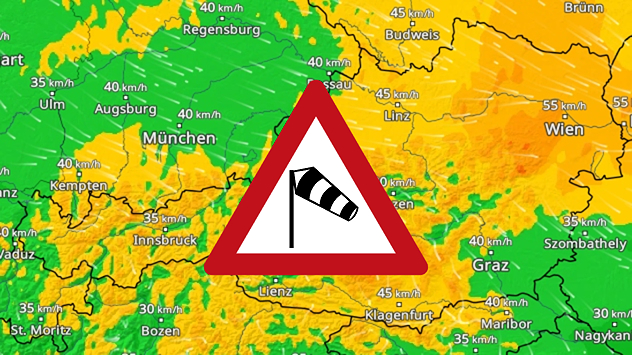 Wetterkarte für Österreich mit stürmischem Wind im Norden, Osten und Süden.