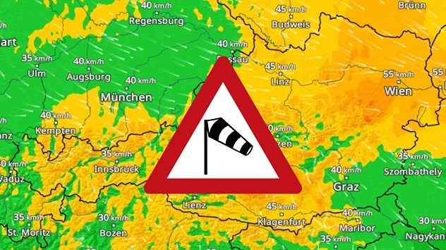 Wetterkarte für Österreich mit stürmischem Wind im Norden, Osten und Süden.