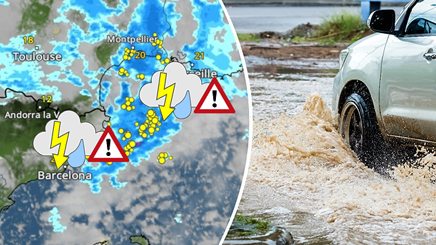 Split screen. On the left, a weather map of Spain and France showing rainfall, temperatures and weather symbols. On the right, a flooded road with a car.