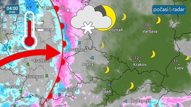 Meteoradar, screenshot, 21. 2. 4:00: Během noci na sobotu přes Česko začne od západu přecházet teplá fronta. Ta přinese srážky i výraznější oteplení.
