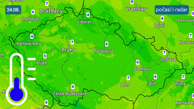 Minimální teploty v Česku v neděli 24. 8. Noc na neděli byla v Česku velice chladná - podobně chladná bude i noc na pondělí a na úterý. Minimální teploty na většině území poklesnou k hodnotám mezi 8 až 4 °C.