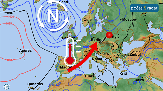 Předpověď synoptické situace nad Evropou, úterý 26. 8. Hluboká tlaková níže nad východním Atlantikem, pozůstatek hurikánu Erin, se ve střední Evropě v dalších dnech postará o teplé jihozápadní proudění.