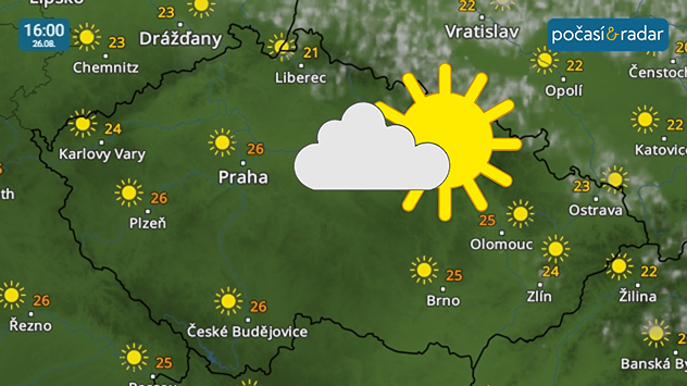 Meteoradar, screenshot, úterý 26. 8. 16:00: První dny nového týdne nám přinesou slunečné počasí. Po chladných ránech přijdou teplá odpoledne.
