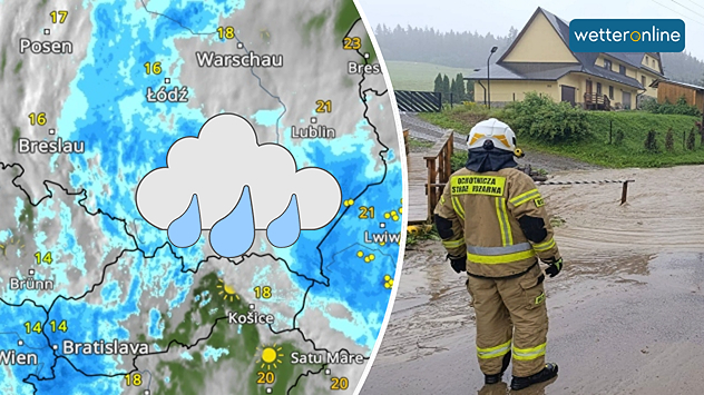 El radar meteorológico muestra fuertes lluvias en Polonia: bombero en una calle inundada