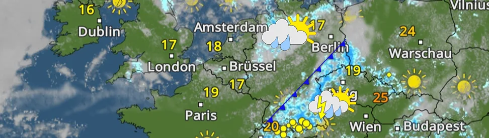 Satelliten- und Wetterkarte für Mitteleuropa mit einer markanten Kaltfront, die sich von Südwestdeutschland über Ostdeutschland bis nach Polen erstreckt. Entlang der Front treten verbreitet Regen und Gewitter auf, besonders von Bayern über Sachsen bis nach Polen und Tschechien. Im Südwesten Deutschlands sowie in der Schweiz und in Frankreich zeigt sich überwiegend sonniges Wetter. Auch in Polen, Österreich und Ungarn scheint vielerorts die Sonne, nur örtlich sind Schauer zu erkennen. Im Nordwesten Deutschlands und über den Benelux-Staaten ziehen einzelne Schauer durch. Die Temperaturen liegen meist zwischen 16 und 25 Grad, mit den höchsten Werten in Österreich, Ungarn und Südostpolen.