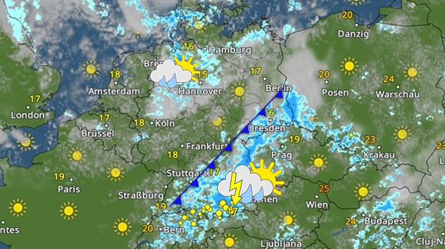 Satelliten- und Wetterkarte für Mitteleuropa mit einer markanten Kaltfront, die sich von Südwestdeutschland über Ostdeutschland bis nach Polen erstreckt. Entlang der Front treten verbreitet Regen und Gewitter auf, besonders von Bayern über Sachsen bis nach Polen und Tschechien. Im Südwesten Deutschlands sowie in der Schweiz und in Frankreich zeigt sich überwiegend sonniges Wetter. Auch in Polen, Österreich und Ungarn scheint vielerorts die Sonne, nur örtlich sind Schauer zu erkennen. Im Nordwesten Deutschlands und über den Benelux-Staaten ziehen einzelne Schauer durch. Die Temperaturen liegen meist zwischen 16 und 25 Grad, mit den höchsten Werten in Österreich, Ungarn und Südostpolen.
