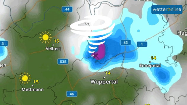 Das WetterRadar-Bild zeigt den kräftigen Schauer gegen 20:00 Uhr, worin der Tornado entstand. 