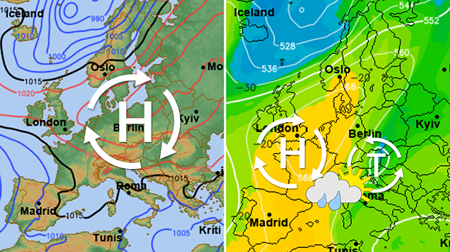 Links: Eine Europawetterkarte zeigt den Luftdruck in Bodennähe. Über Österreich ist er eher hoch. Rechts: Eine Europawetterkarte zeigt den Luftdruck in 5500 Metern Höhe. Über Österreich befindet sich ein Höhentief.