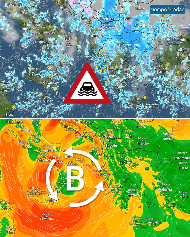 El radar meteorológico muestra riesgo de inundaciones en Grecia y Turquía. Debajo, el radar de viento muestra una borrasca cerca de Sicilia con rachas de hasta 80 kilómetros por hora.