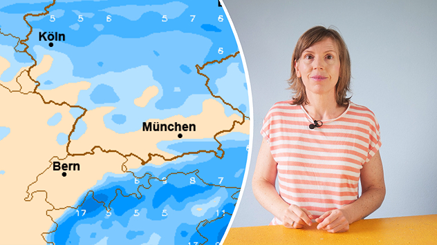 Moderatorin neben einer Wetterkarte mit den erwarteten Regensummen in Litern pro Quadratmeter. Die höchsten Mengen sind entlang der Alpen dargestellt, dort werden verbreitet etwa 10 bis 20 Liter pro Quadratmeter erwartet. Im übrigen Süden sowie in der Mitte Deutschlands sind meist nur geringe Niederschlagsmengen eingezeichnet. Auch im Norden fällt verbreitet nur wenig Regen, vielerorts zwischen 3 und 7 Litern pro Quadratmeter. Zur Orientierung sind die Städte Köln, München und Bern eingezeichnet.
