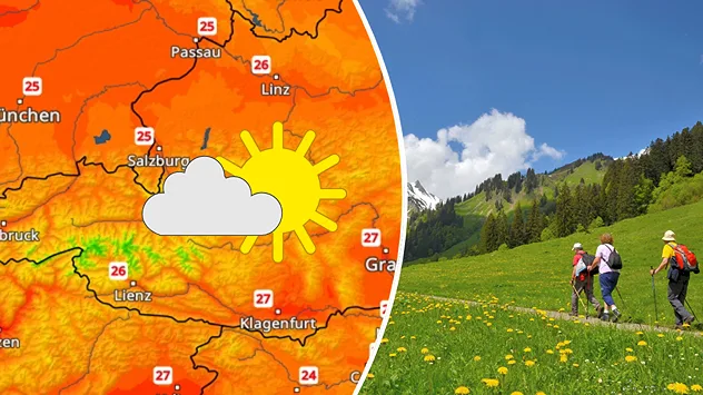 Links: Eine Temperaturkarte von der Mitte Österreich zeigt Werte um 25 Grad in den Tälern. Dazu scheint neben ein paar Wolken die Sonne. Rechts: 3 Menschen wandern auf einer Almwiese, im Hintergrund sind Bergwald und Gipfel zu sehen.