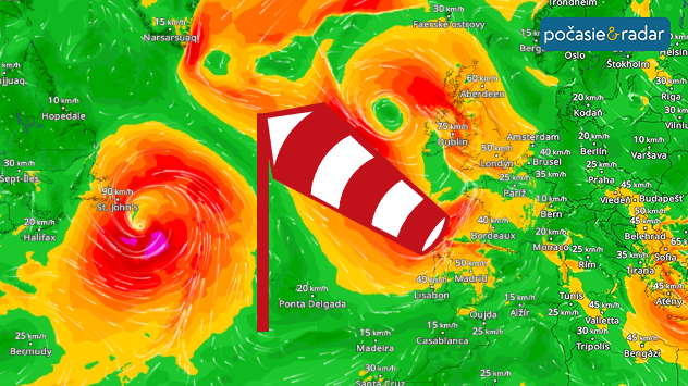 Mapa Európy a severného Atlantiku zobrazujúca rozsiahlu cyklónu západne od Írska s veľmi silným vetrom a ďalší vír pri Islande.