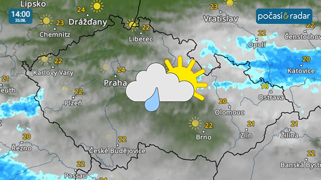 Meteoradar, screenshot, 25. srpna 14:00: Během úterý nad Českem převládá oblačná obloha, hlavně na severovýchodě, později odpoledne a večer naopak na jihozápadě, se místy vyskytuje déšť.