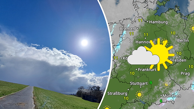 Geteilte Grafik: links Landschaft mit Sonne und aufziehenden Wolken, rechts eine WetterRadar-Karte von Deutschland mit Sonne-Wolken-Symbol.