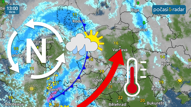 Meteoradar, screenshot, 23. 10. 13:00: Česko v současných dnech ovlivňuje hluboká tlaková níže nad severozápadní Evropou. Ve čtvrtek bude naše území od západu přecházet studená fronta v souvislosti s touto níží.