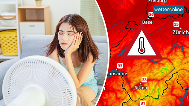 Eine Frau kühlt sich vor einem Ventilator. Rechts zeigt das TemperaturRadar hohe Temperaturen und eine Hitzewarnung für die Schweiz.