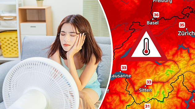 Eine Frau kühlt sich vor einem Ventilator. Rechts zeigt das TemperaturRadar hohe Temperaturen und eine Hitzewarnung für die Schweiz.