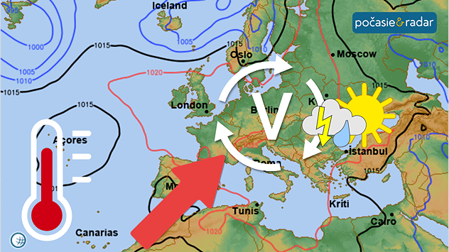 Synoptická mapa Európy s prílevom teplého vzduchu od juhozápadu, tlakovou výšou a búrkami na juhovýchode kontinentu