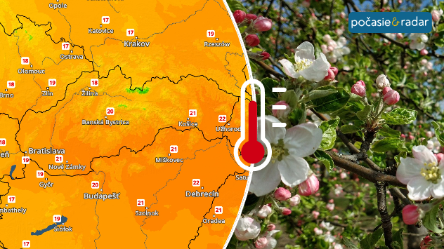 Mapa Slovenska s teplotami okolo 20 °C a kvitnúce jarné stromy