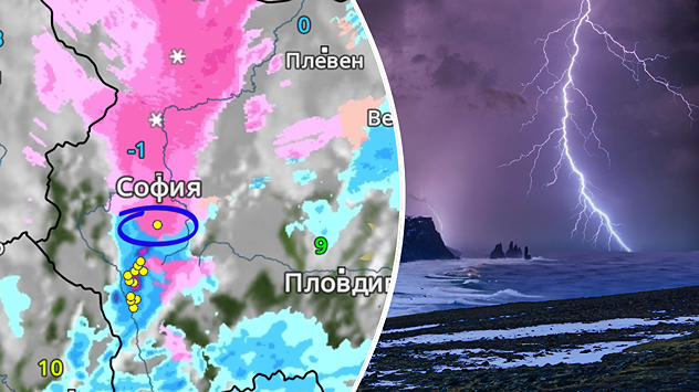 Гръмотевичен сняг в района на София, рано сутринта на 8-ми Януари. От дясно имаме снимка на гръмотевична буря със сняг