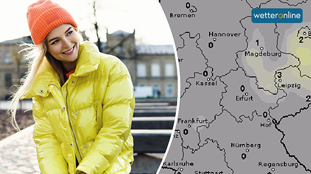 Links eine Farbenfroh gekleidete junge Frau, rechts die Farbkarte, die überwiegen null Sonnenstunden zeigt.