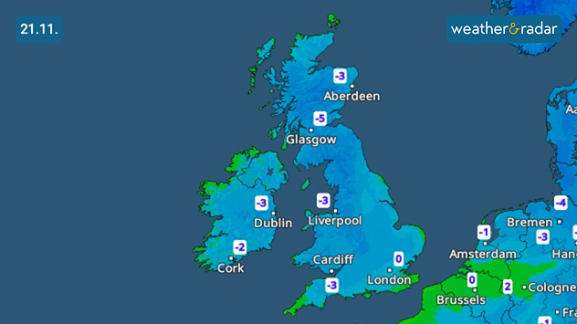 Weather map of the UK and Ireland showing widespread blue shading and temperatures around -3°C to 0°C.