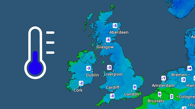 Weather map of the UK and Ireland showing widespread blue shading and temperatures around -3°C to 0°C, with a thermometer icon on the left.