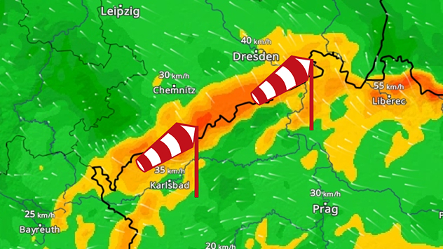 Wetterkarte mit kräftigem Böhmischem Wind im Erzgebirge. Markiert sind Sturmböen entlang der deutsch-tschechischen Grenze.