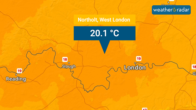 Temperature map highlighting Northolt in West London at 20.1 °C, with nearby areas like London, Reading and Slough around 18–19 °C.