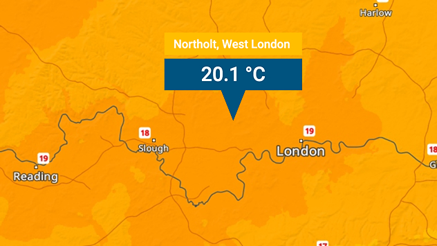 Temperature map highlighting Northolt in West London at 20.1 °C, with nearby areas like London, Reading and Slough around 18–19 °C.