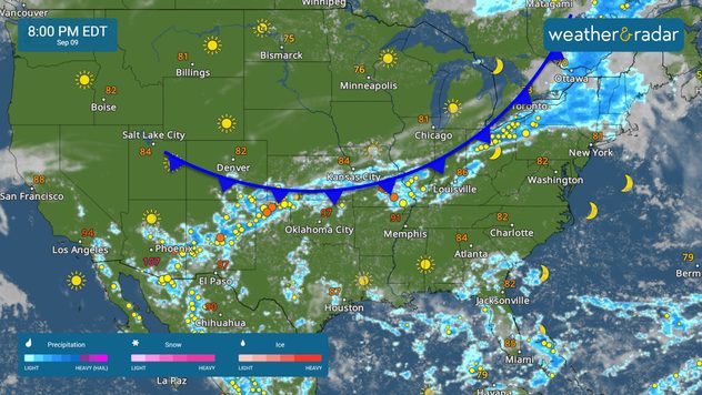 A cold front will spark off showers and storms from the Plains to the Northeast.