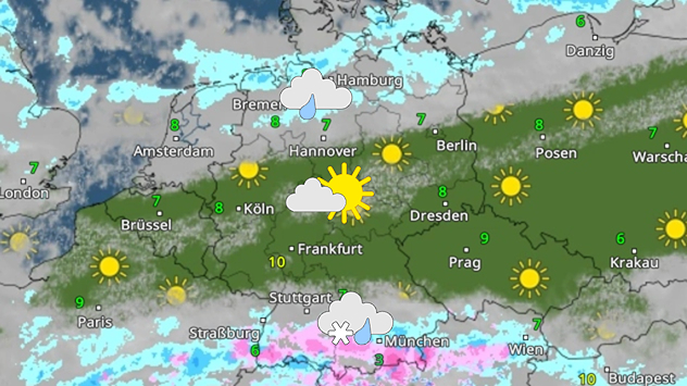 WetterRadar am Sonntag: Im Norden etwas Regen, über der Landesmitte viel Sonne und im Süden etwas Regen und in höheren Lagen Schnee