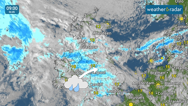 Weather map at 09:00 on 09.09 showing widespread rain across Ireland, Wales, and England, with temperatures of 12 to 17°C.