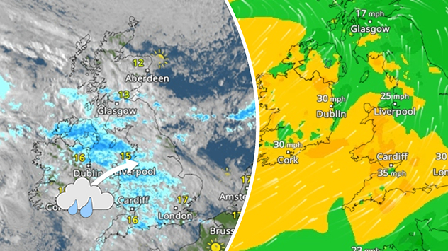 Split weather graphic showing widespread rain across the UK and Ireland alongside winds of 25-35 mph, strongest around Cardiff and the south of the UK.