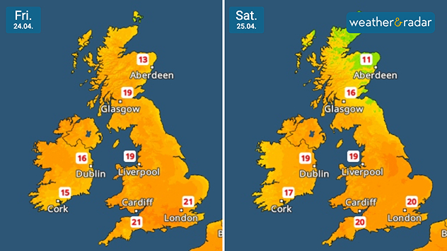 Side-by-side UK maps for Friday 24.04 and Saturday 25.04 showing daytime temperatures in orange tones, with highs around 13 to 21 on Friday and slightly cooler values in parts of Scotland on Saturday.